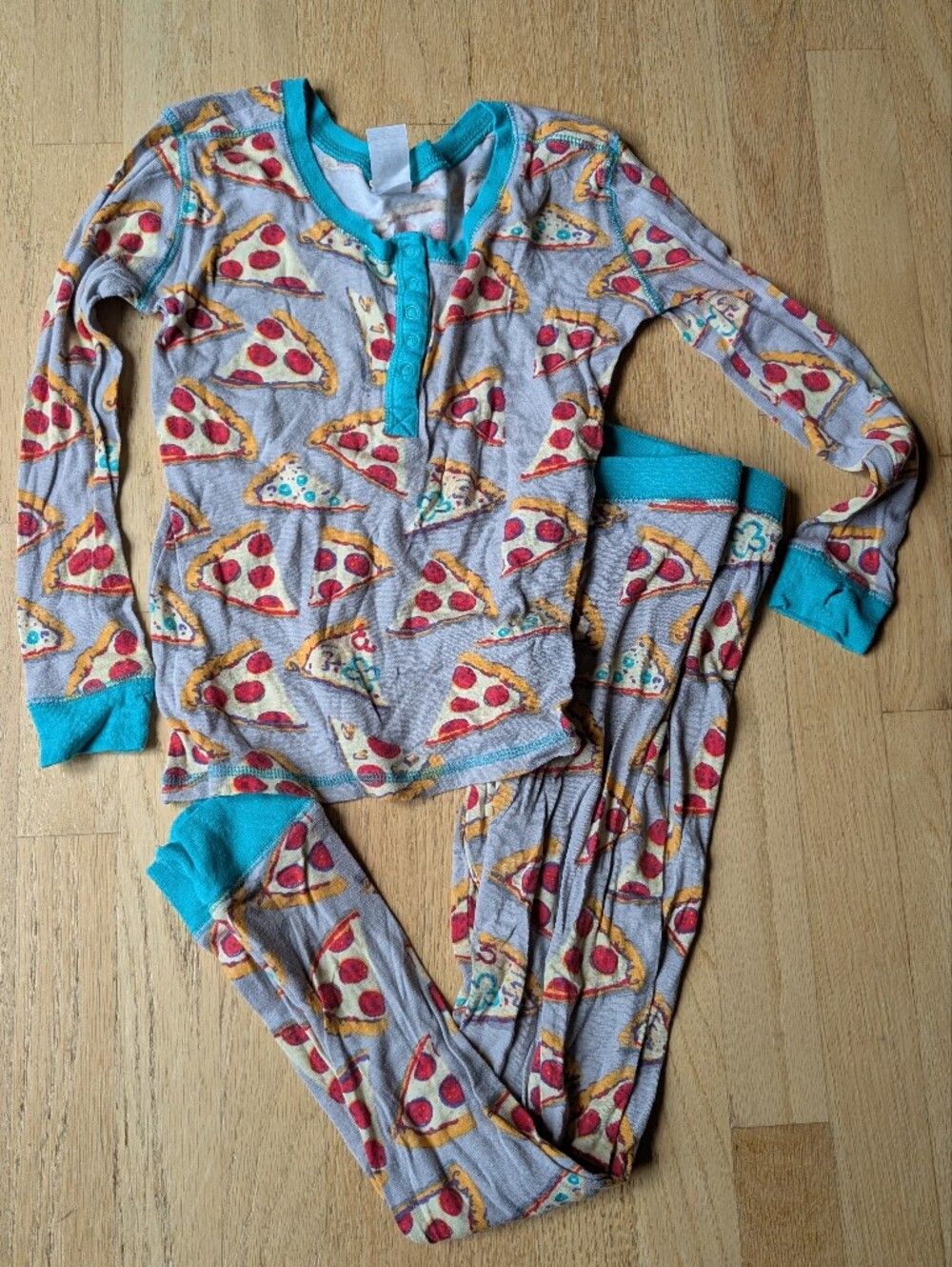 munki munki Pizza Print Long Sleeve Pajama Set with Teal Trim